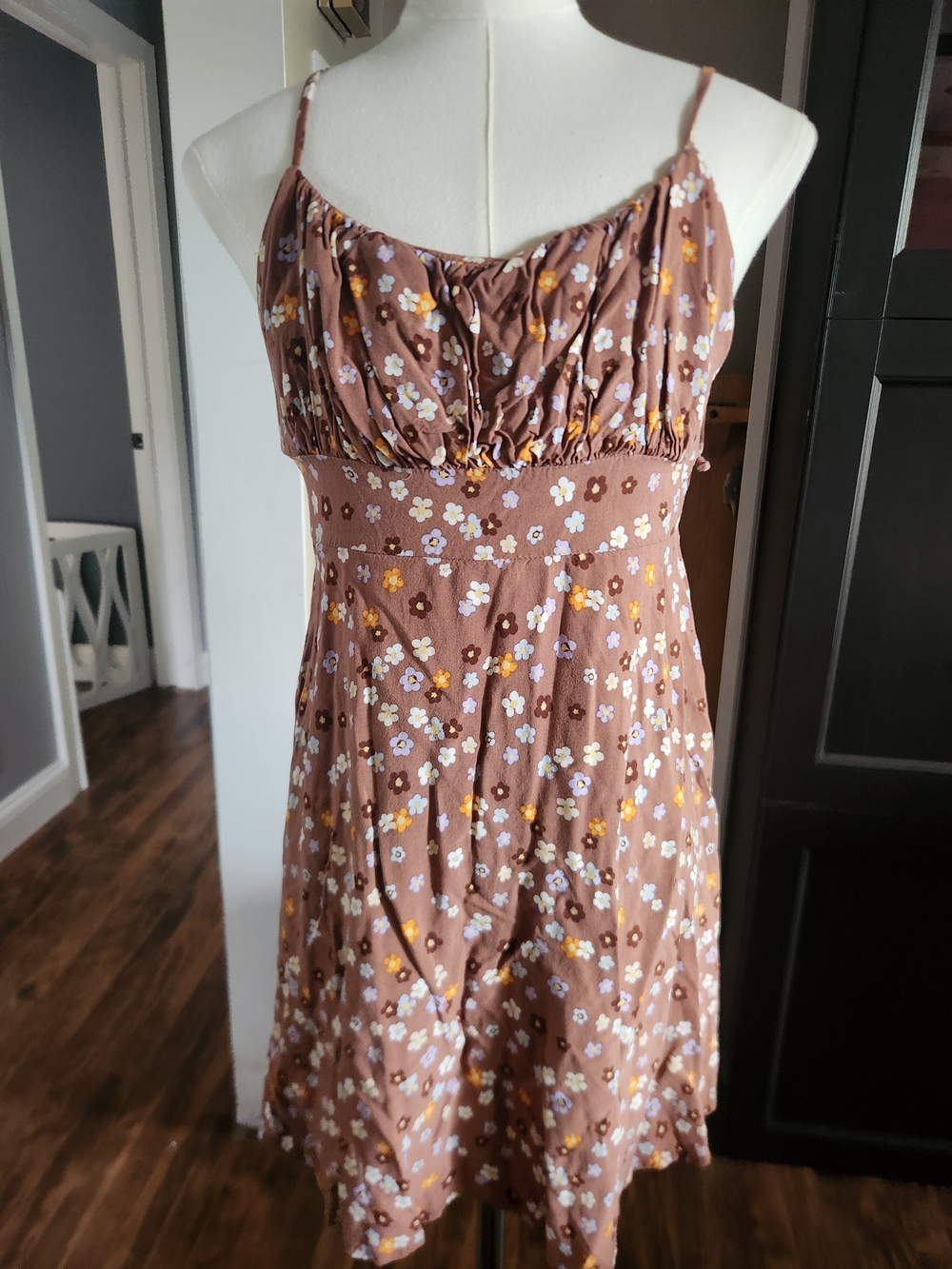 La Hearts Brown Floral Mini Dress with White and Yellow Flowers